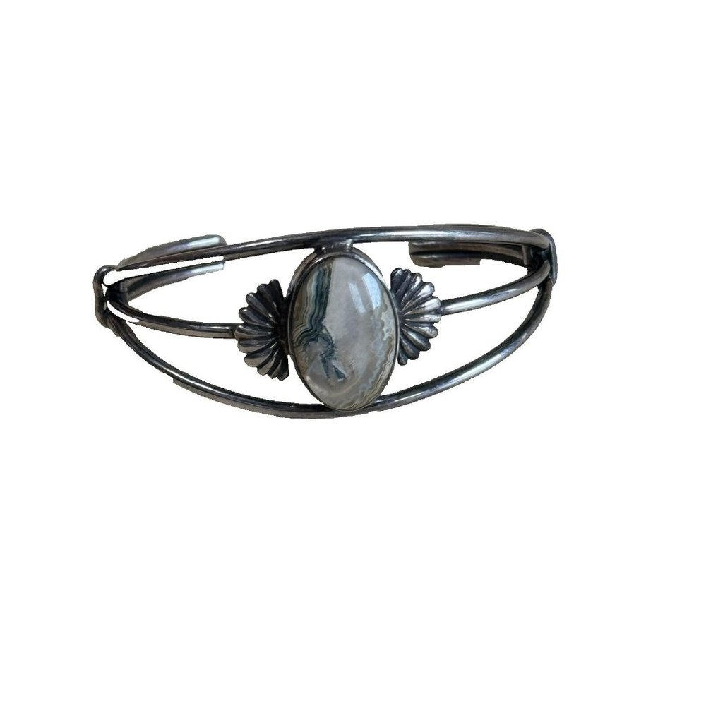 Vintage GFMW Sterling Silver Green Lace Jasper Cuff Bracelet 6 1/4' - Picture 1 of 11